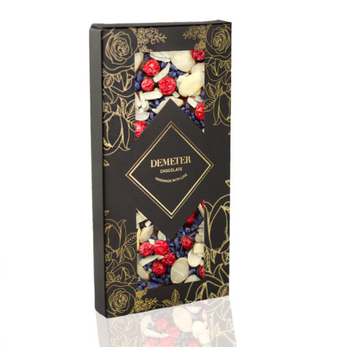 Kézműves csokoládé prémium kézműves étcsoki ibolyával mandulával pirosribizlivel Demeter csoki