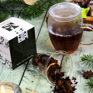 Karácsonyi gasztroajándék - karácsonyi tea válogatás és üveg teáscsésze üveg szűrővel és fedővel