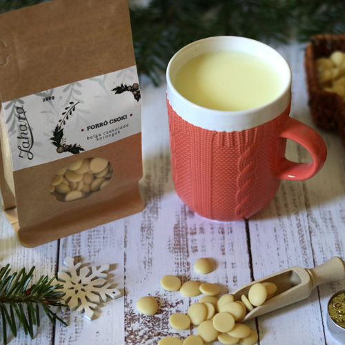 Karácsonyi forró csoki pasztilla és kötött pulcsis bögre - pasztell narancssárga teás, kávés bögre - karácsonyi bögre