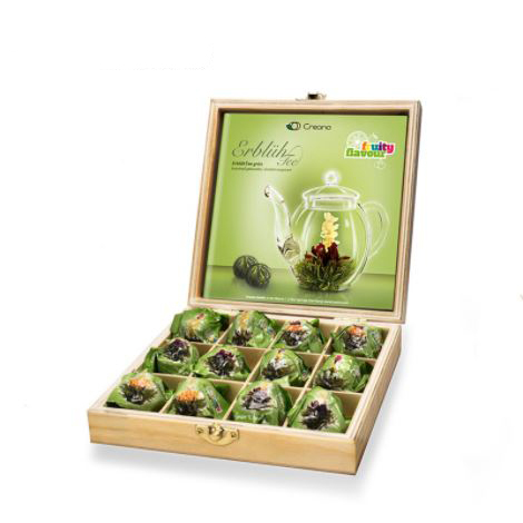 Ízesített zöld virágzó tea válogatás fadobozos ajándékcsomag