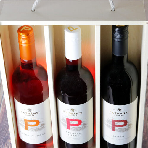 Csopaki Petrányi balatoni bor válogatás fadobozban - siller, rosé, syrah